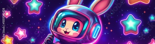 7 Pixel bunny in a shiny helmet, surrounded by candyshaped stars that blink like 8bit collectibles in a retro game photo