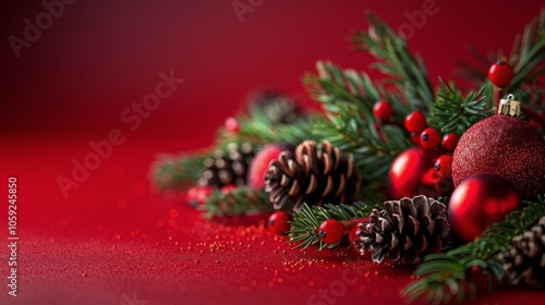 Red Christmas Ornaments and Pine Branch on Red Background