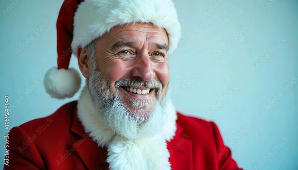 An elderly man with a long white beard wearing a red Santa Claus costume and hat, smiling happily, christmas, studio shot An elderly man with a long white beard wearing a red Santa Claus costume and hat, smiling happily, christmas, studio shot
