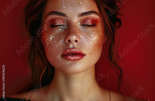 Young Woman With Glitter Makeup Against Red Background