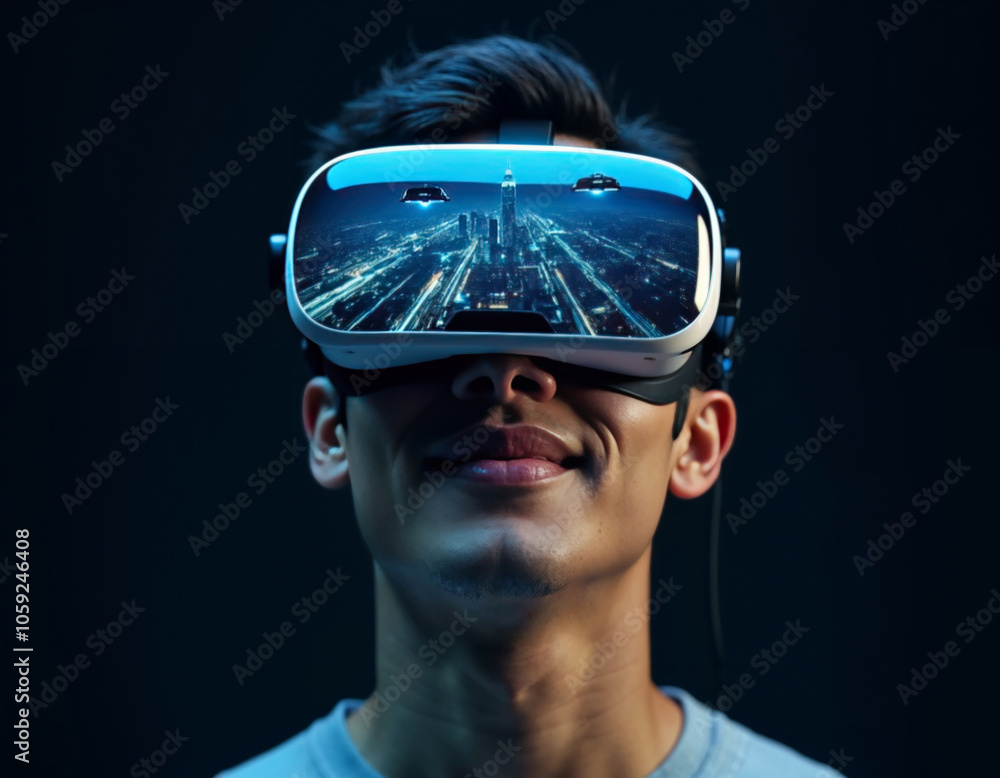 a man wearing a virtual reality headset with a futuristic cityscape is shown on the screen a man wearing a virtual reality headset with a futuristic cityscape is shown on the screen