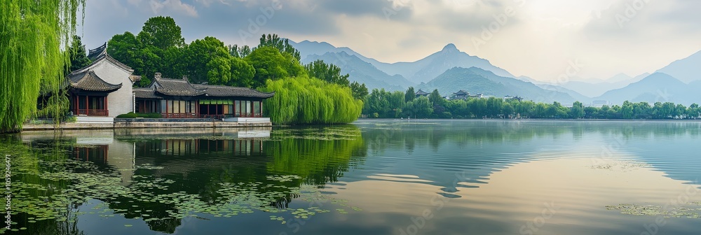 Fototapeta premium A serene lakeside scene featuring lush greenery, mountains, and a tranquil pavilion reflection on calm water.