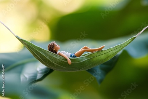 A tiny person lying on a giant leaf, relaxing as if on a hammock, soft natural lighting 3 photo