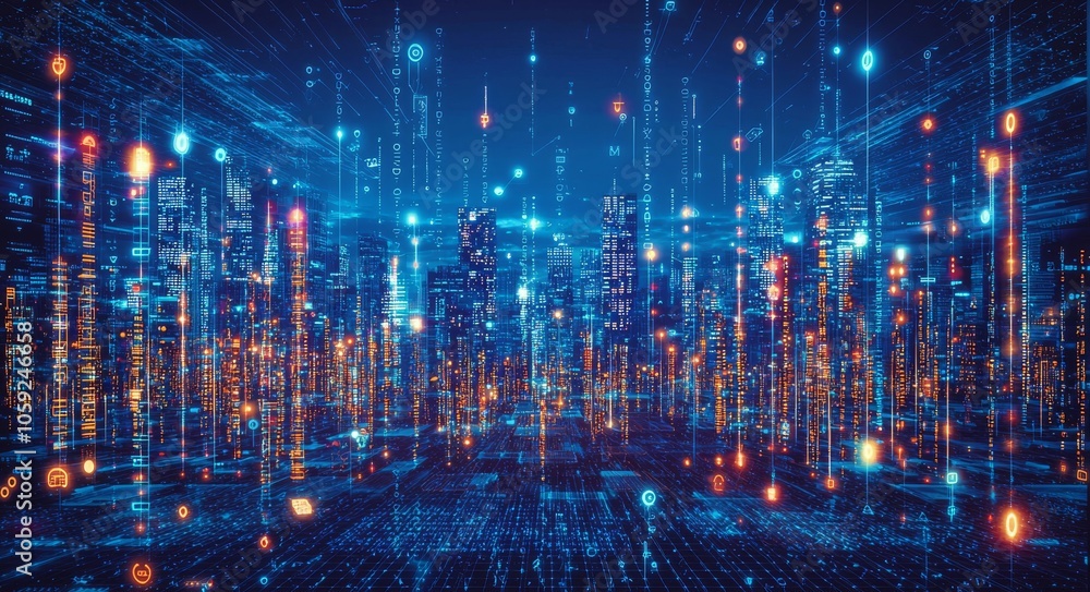 This blue digital cityscape background represents futuristic urban development or technology, and features glowing lines and shapes. This blue digital cityscape background represents futuristic urban development or technology, and features glowing lines and shapes.