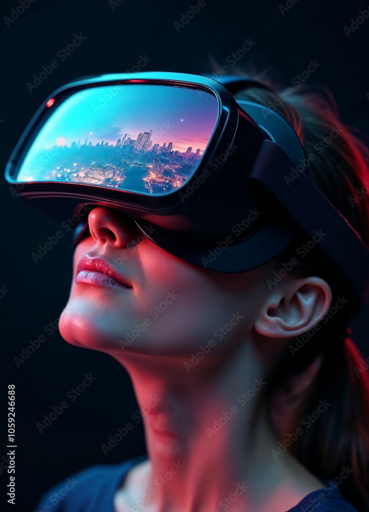 a woman wearing a virtual reality headset with a futuristic city visible on the screen a woman wearing a virtual reality headset with a futuristic city visible on the screen