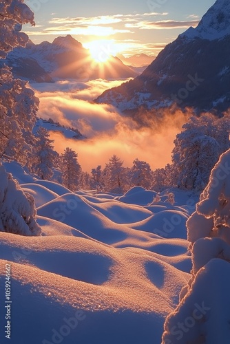 Sunrise over snow-covered hills in a winter landscape