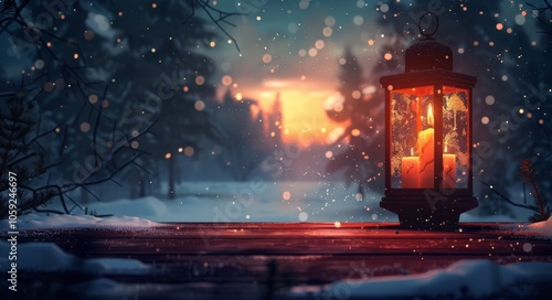 Lantern Glowing In Snowy Winter Forest
