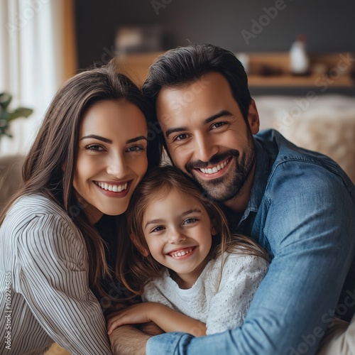 A family of three happily posing together in a comfortable and warm environment.