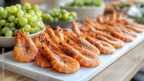 Freshly cooked shrimp served with green grapes at a vibrant outdoor gathering