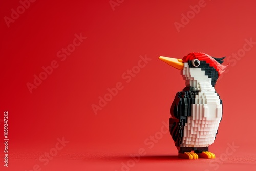 Detailed blockstyle woodpecker figurine stands against red backdrop, card with copy space, plastic building set, plastic construction set photo