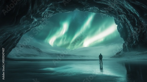 Person standing in a cave watching the northern lights at night in a serene l...