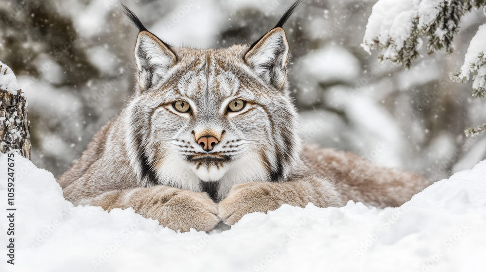 A Canadian lynx is hiding in the forest. It's sitting and looking right at the camera. The photo was taken in Whitehorse, Yukon, Canada. A Canadian lynx is hiding in the forest. It's sitting and looking right at the camera. The photo was taken in Whitehorse, Yukon, Canada.