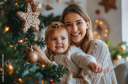 Mother And Daughter Decorating Christmas Tree