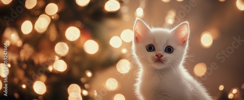 A cute white kitten with blue eyes snuggles by a sparkling Christmas tree