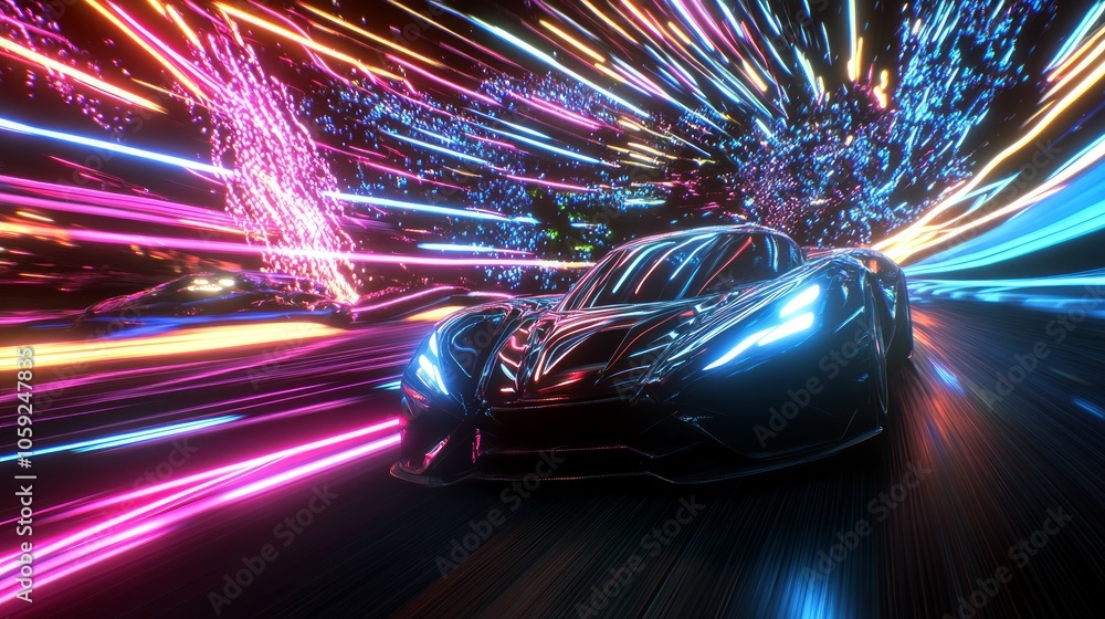 A futuristic sports car speeds through a neon-lit tunnel, leaving streaks of light in its wake. A futuristic sports car speeds through a neon-lit tunnel, leaving streaks of light in its wake.