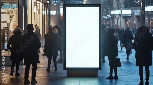 Illuminated billboard at night in busy city street surrounded by people, providing opportunity for creative advertising in urban setting. photo