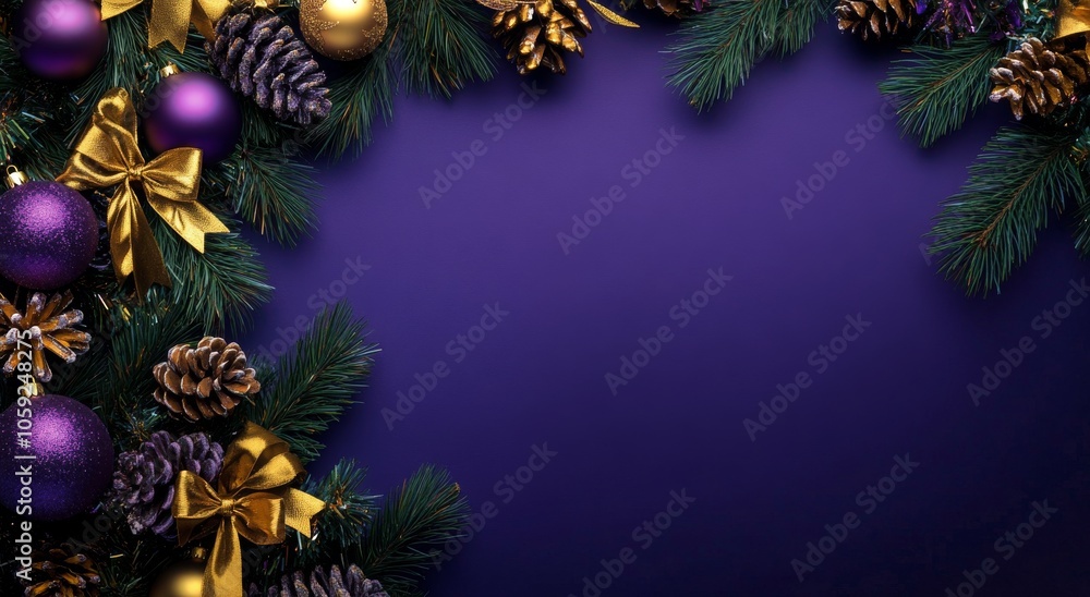 Decorative holiday arrangement with pine branches and ornaments against a purple background Decorative holiday arrangement with pine branches and ornaments against a purple background