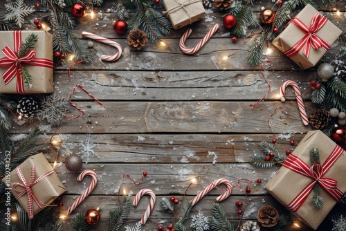 Festive Christmas Decorations Bordering Rustic Wooden Background
