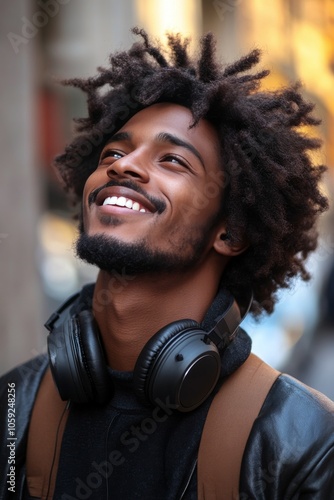 Man enjoying music while leaning against a colorful wall on a sunny day