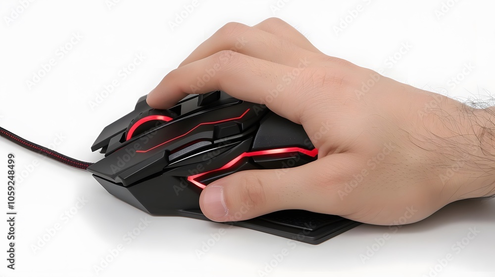 A hand gripping a high-tech gaming mouse with red LED lights on a white surface. A hand gripping a high-tech gaming mouse with red LED lights on a white surface.