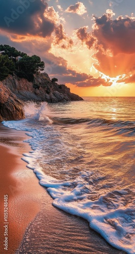 Serene sunset colors reflecting on calm waves at a rocky beach during golden ...