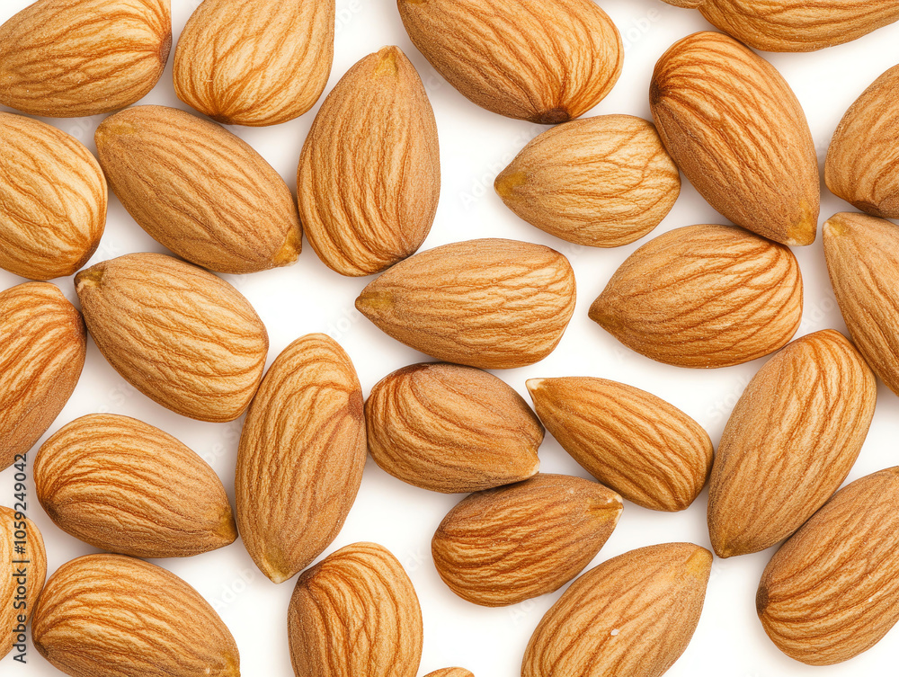 Almonds are nutritious nuts with light brown color and smooth texture on white background, perfect for snacking or cooking. Their rich flavor adds depth to various dishes Almonds are nutritious nuts with light brown color and smooth texture on white background, perfect for snacking or cooking. Their rich flavor adds depth to various dishes
