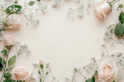 Delicate arrangement of pink roses and gypsophila on a light surface for a se...