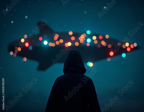 silhouette of a humanoid in a hoodie looking at a UFO in the night sky with colorful bokeh lights photo