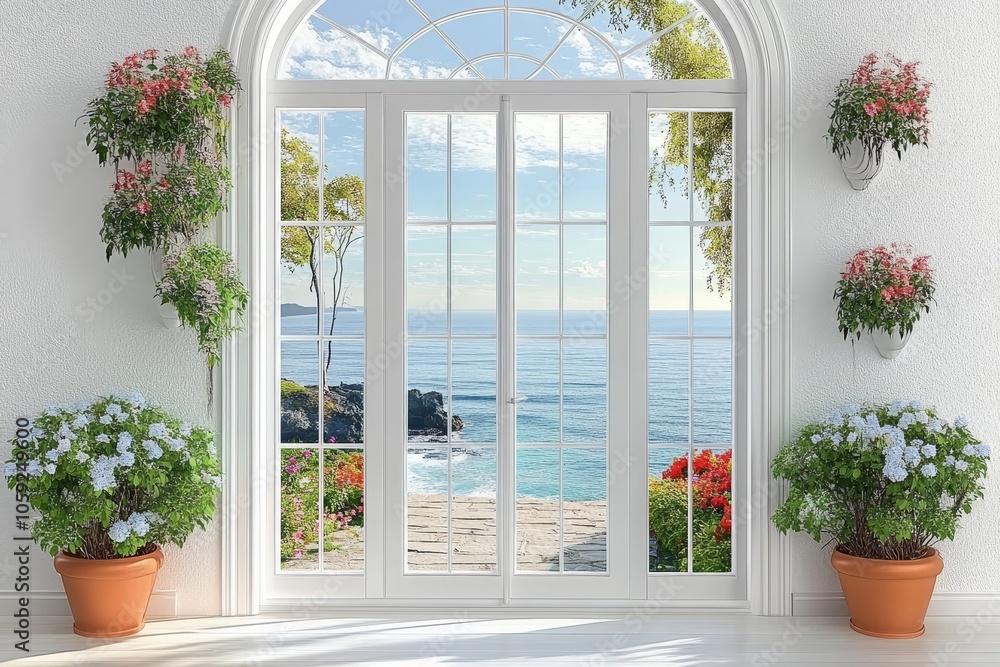 Coastal Living: French Doors with Ocean View and Lush Greenery Coastal Living: French Doors with Ocean View and Lush Greenery