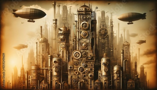 Steampunk Cityscape with Airships