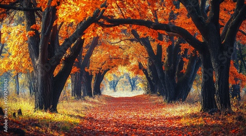 A tranquil autumn path lined with vibrant orange trees in a serene forest set...