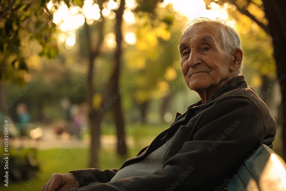An elderly person with a wrinkled face and kind eyes, sitting on a park bench with dappled sunlight through trees 6 An elderly person with a wrinkled face and kind eyes, sitting on a park bench with dappled sunlight through trees 6