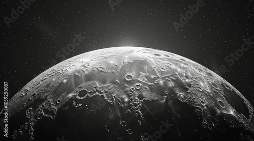 A Black And White Image of the Moons Surface With Stars in the Background