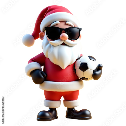 Santa Claus holding a soccer ball with a confident expression, ready for a festive game, combining holiday spirit with sports. 3D render isolated on transparent background