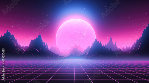 A digital landscape featuring a luminous full moon rising against a pink sky, surrounded by stylized mountains and grid. photo