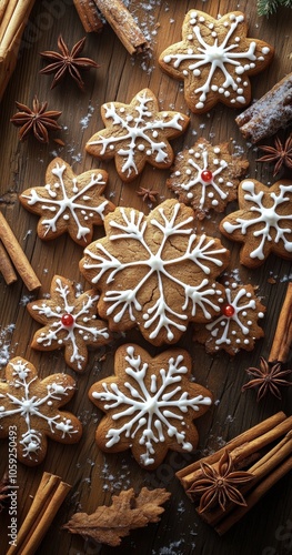 Deliciously decorated snowflake cookies arranged on a rustic wooden table
