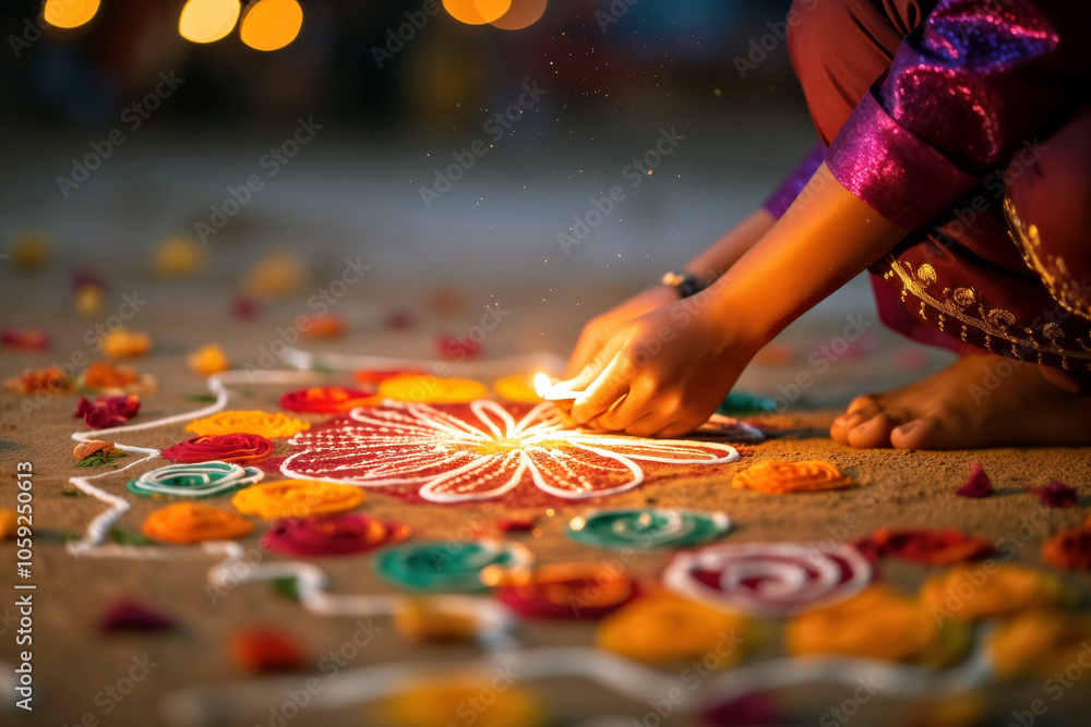 Obraz premium Making a rangoli pattern, a Diwali tradition celebrating creativity.