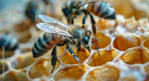 Closeup of Honey Bee Working on Honeycomb