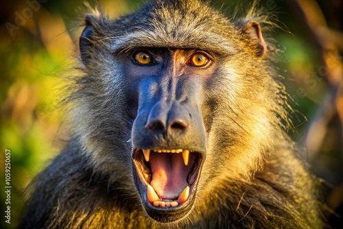 Baboon Papio Papio Displaying Teeth in Kruger Park, South Africa - Wildlife Photography, Nature, Animal Behavior, African Wildlife, Primate Portraits, Wildlife Conservation