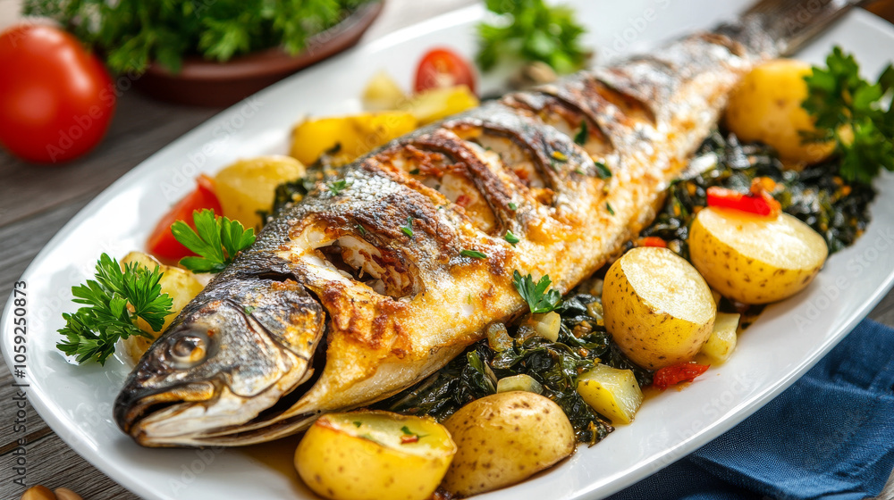 Enjoy a healthy Mediterranean meal with fried sea bass fillet, boiled Swiss chard, potatoes, garlic, and olive oil. Enjoy a healthy Mediterranean meal with fried sea bass fillet, boiled Swiss chard, potatoes, garlic, and olive oil.