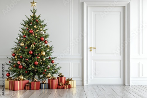 A 3D-rendered Christmas tree adorned with colorful ornaments and surrounded by presents, set against a white wall in a bright and festive room.