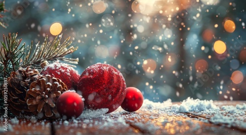 Red Ornaments With Snow And Pine