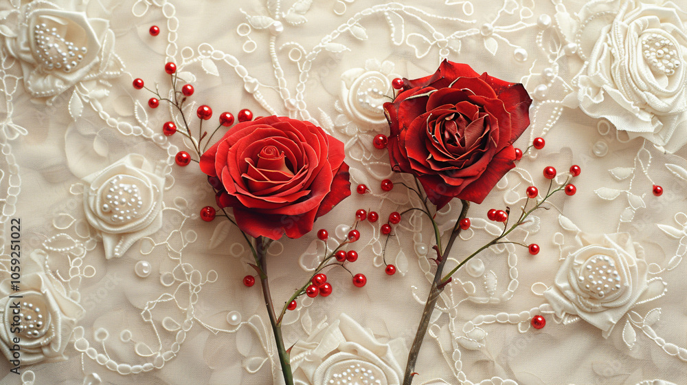 An artistic flat lay featuring two vibrant red roses intertwined, their stems forming a heart shape, set against a backdrop of intricate lace. An artistic flat lay featuring two vibrant red roses intertwined, their stems forming a heart shape, set against a backdrop of intricate lace.