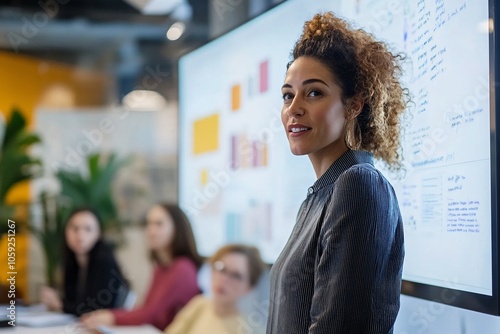 A young businesswoman leading a team meeting in a modern boardroom, with a digital whiteboard and focused colleagues 1 photo