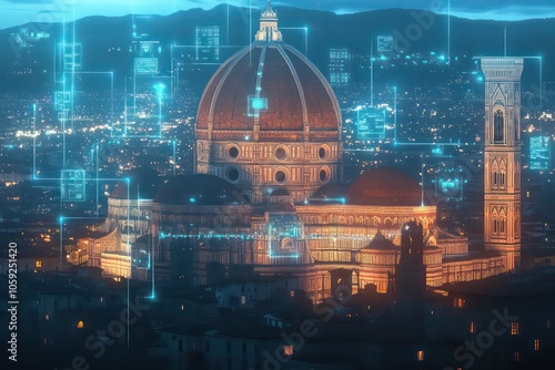 A grand view of the Florence Cathedral (Duomo) in the heart of a futuristic cityscape, where Renaissance architecture meets advanced digital skyscrapers. The cathedral retains its classical dome