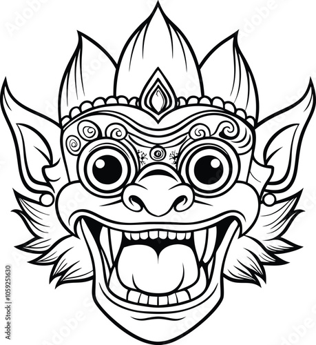 Balinese barong mask vector illustration black and white