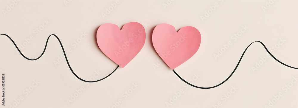 Vector flat style, simple minimalistic line art of two pink paper hearts connected by one black thin wavy string on a white background, flat lay top view Vector flat style, simple minimalistic line art of two pink paper hearts connected by one black thin wavy string on a white background, flat lay top view