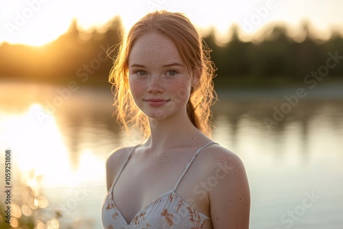 A young Swedish woman with freckles, wearing a summer dress, standing by a serene lake, golden hour glow 2 photo