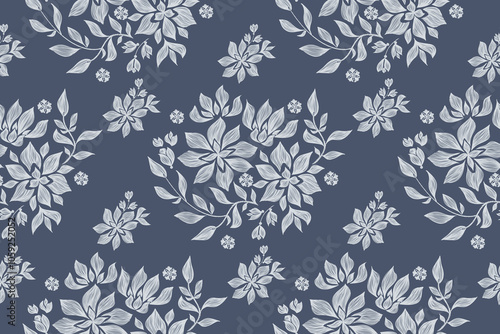 Blue floral wallpaper pattern damask vintage ethnic flowers motif textured victorian modern design hand drawn vector illustration 