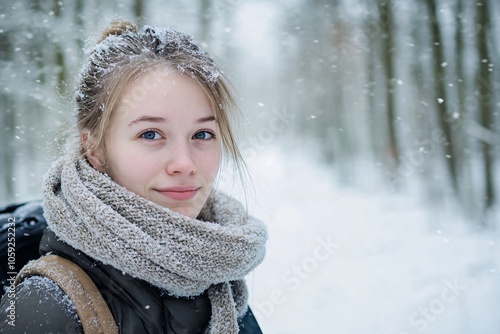 A young Swedish woman with a focused expression, wearing a winter coat and scarf, walking in a snowy forest 2